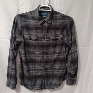 George Mens Large Grey Black Plaid Flannel Button Down Shirt Long Sleeve L 42-44